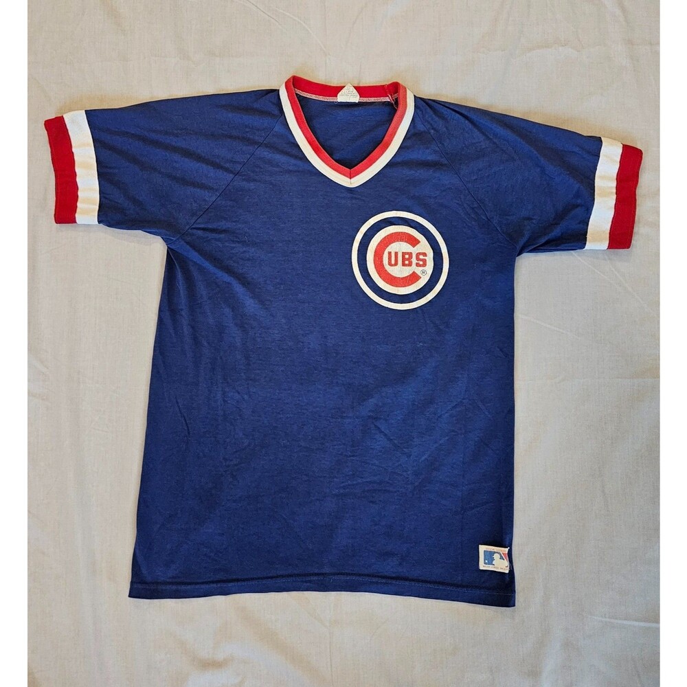 Vintage Chicago Cubs MLB Jersey T-Shirt V-Neck Blue Ringer 1980s 1990s USA XL